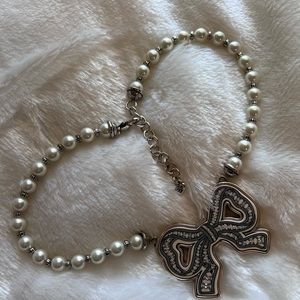 vintage pearl swarovski crystal silver bow brighton necklace